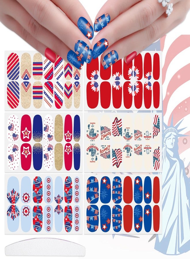 JERCLITY 6 Sheets 4th of July Nail Wraps for Women Independence Day Nail Polish Strips Patriotic Nail Strips Self-Adhesive Nail Stickers with Nail File for Memorial Day（4th of July-b） - Image 1