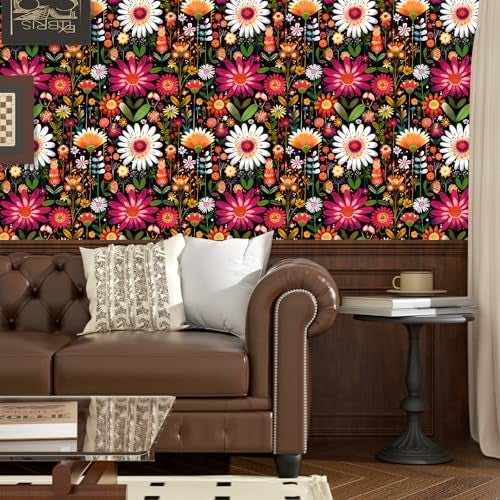 BOKEBEVE Pink Colorful Floral Wallpaper Peel and Stick Vintage Flowers Contact Paper Boho Wall Papers Removable Wallpapers for Shelf Liner Cabinet Drawer Closet Self Adhesive 175 x 118In - Image 3