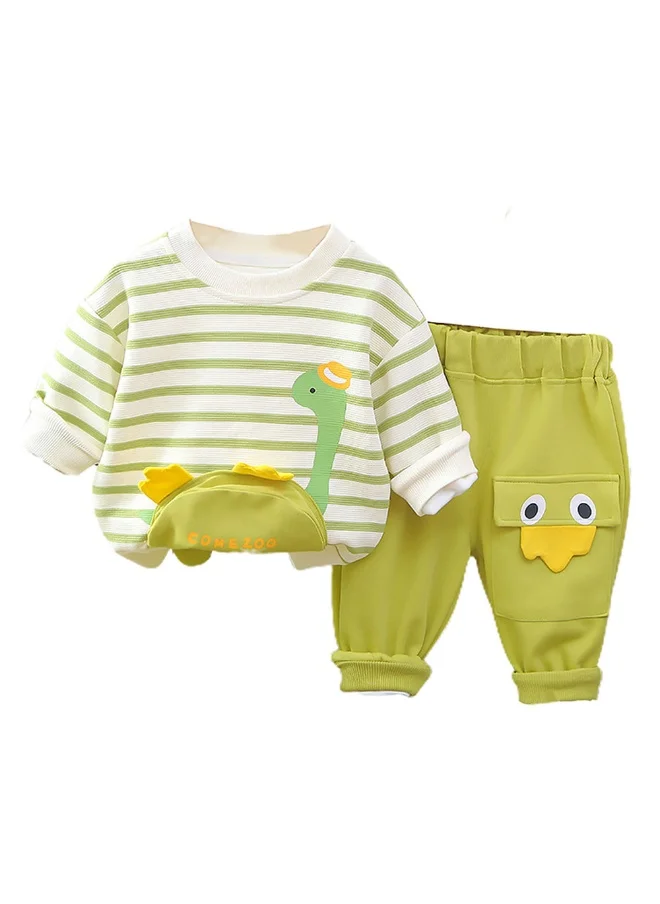 صندوق المفاجآت الصغيرة 2 Pcs Set Green Striped 3D Fluffy Dino Tummy Sweat Shirt And Pants Set For Toddler And Kids Winter And All Season Wear