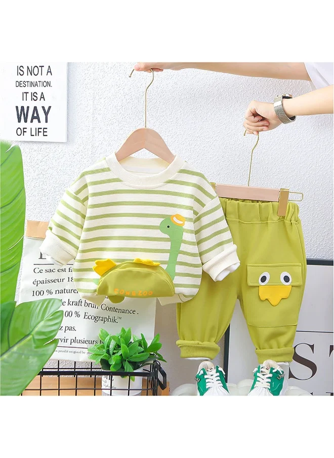 LITTLE SURPRISE BOX Box 2 Pcs Set Green Striped 3D Fluffy Dino Tummy Sweat Shirt And Pants Set For Toddler And Kids Winter And All Season Wear-2-3Y