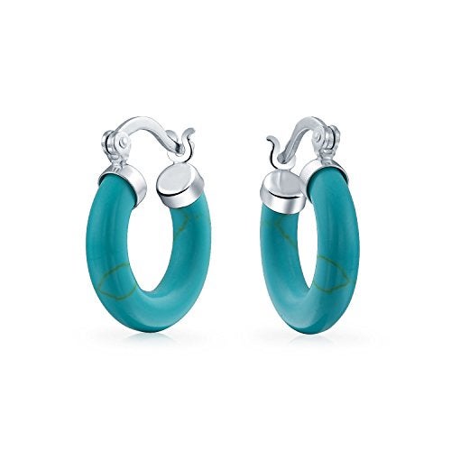 BLING JEWELRY Medium Size Enhanced Gemstone Blue Turquoise Round Tube Hoop Earrings For Women Teen .925 Sterling Silver .75 Inch Diameter - Image 1