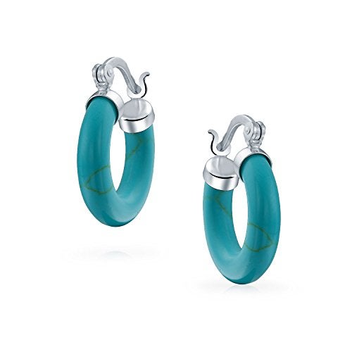 BLING JEWELRY Medium Size Enhanced Gemstone Blue Turquoise Round Tube Hoop Earrings For Women Teen .925 Sterling Silver .75 Inch Diameter - Image 2