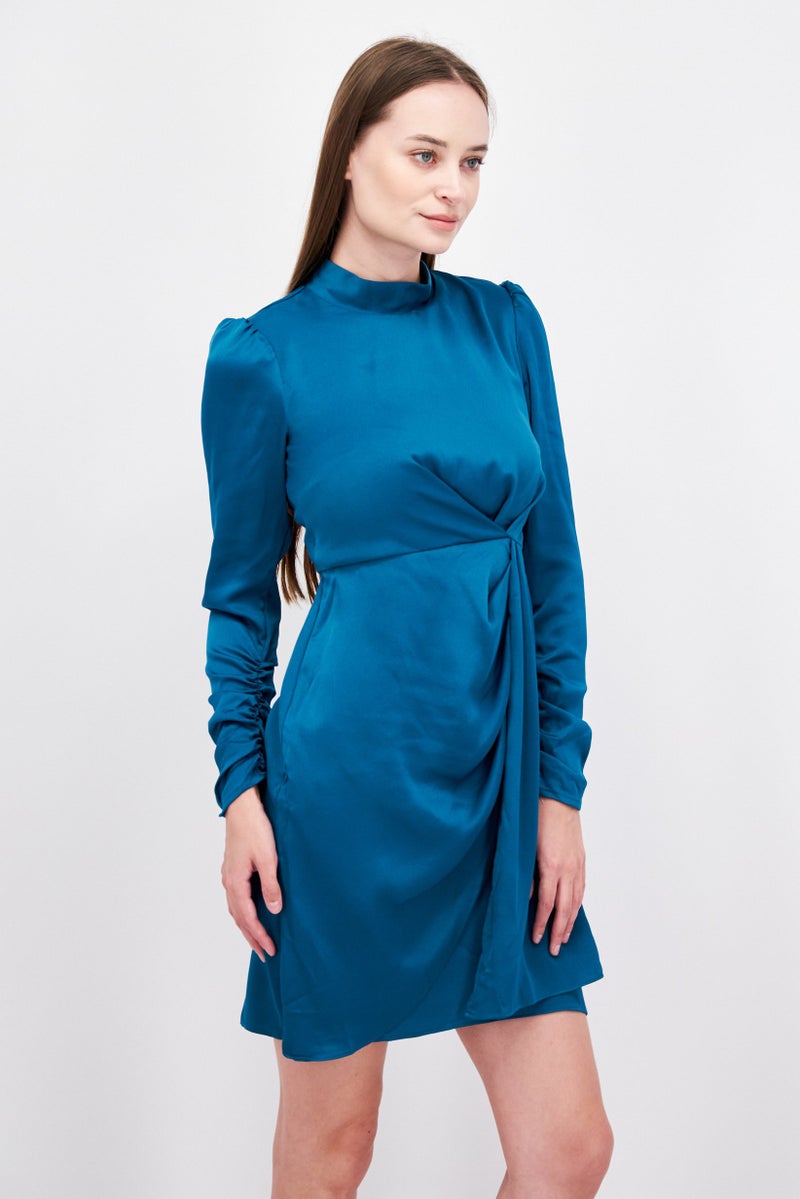 Taylor Women Textured Mini Dress, Teal Blue - Image 4