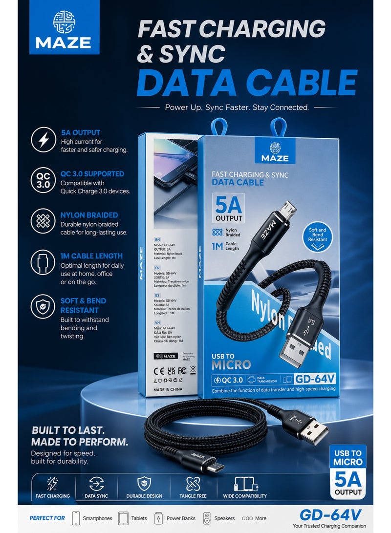 ميذ كابل Micro إلى USB للشحن السريع بقوة 5 أمبير – يدعم تقنية الشحن السريع QC 3.0 ونقل البيانات عالي السرعة، يتميز بتصميم متين ومجدول من النايلون ومقاوم للانحناء، بطول 1 متر، ومتوافق مع الهواتف الذكية والأجهزة اللوحية وأجهزة الكمبيوتر المحمولة. - Image 2