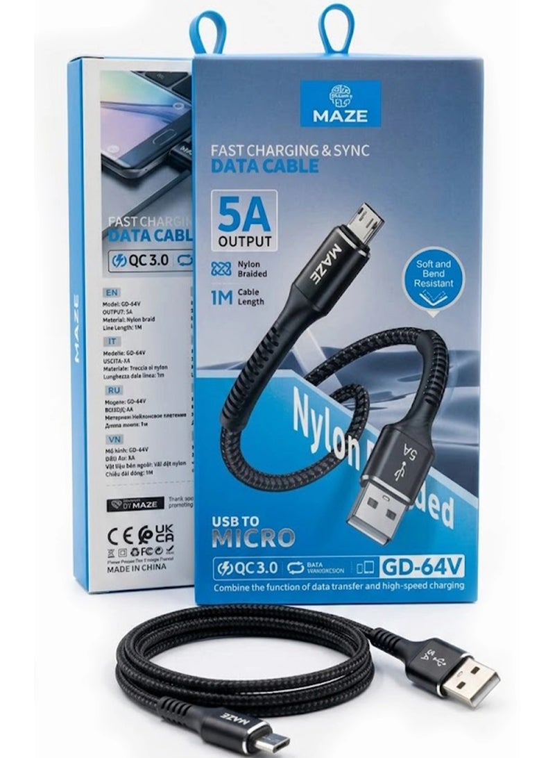 ميذ كابل Micro إلى USB للشحن السريع بقوة 5 أمبير – يدعم تقنية الشحن السريع QC 3.0 ونقل البيانات عالي السرعة، يتميز بتصميم متين ومجدول من النايلون ومقاوم للانحناء، بطول 1 متر، ومتوافق مع الهواتف الذكية والأجهزة اللوحية وأجهزة الكمبيوتر المحمولة. - Image 3