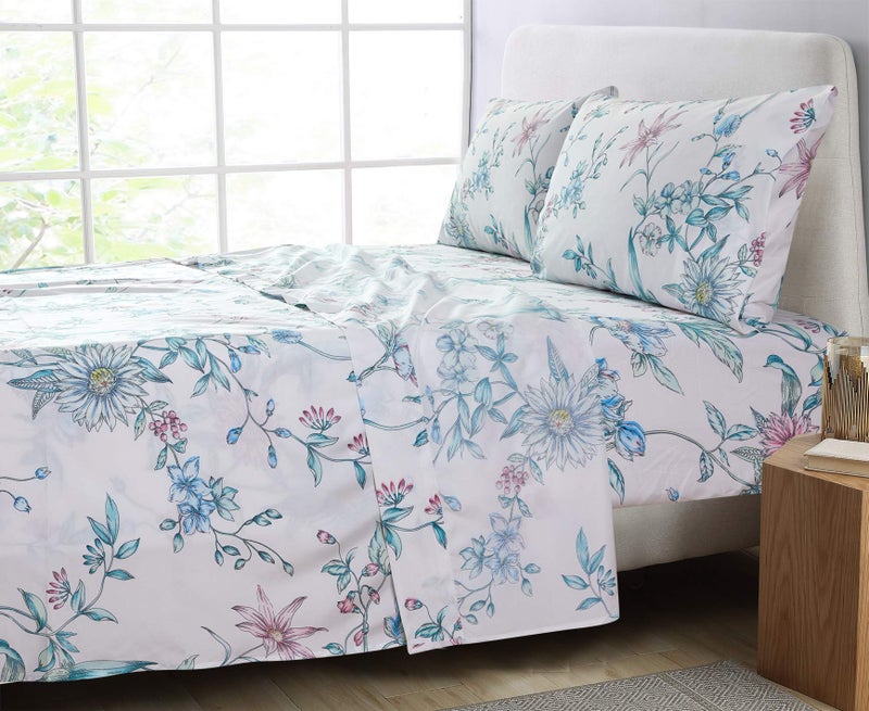 جي اس دي JSD White Blue Floral Sheet Set Cal King 4 Piece Microfiber Sheets Extra Deep - Image 4