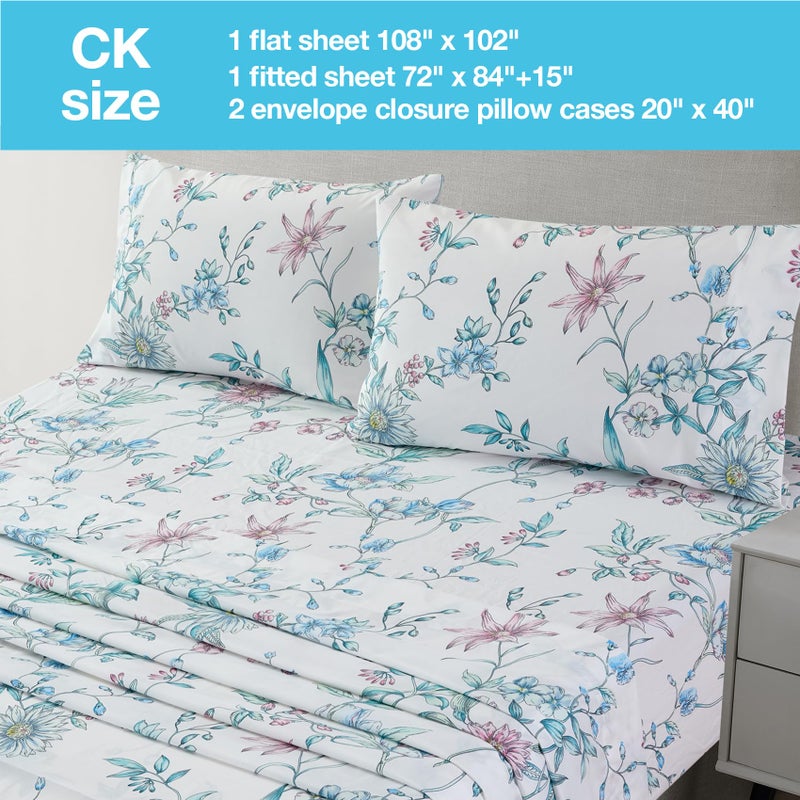 جي اس دي JSD White Blue Floral Sheet Set Cal King 4 Piece Microfiber Sheets Extra Deep - Image 2