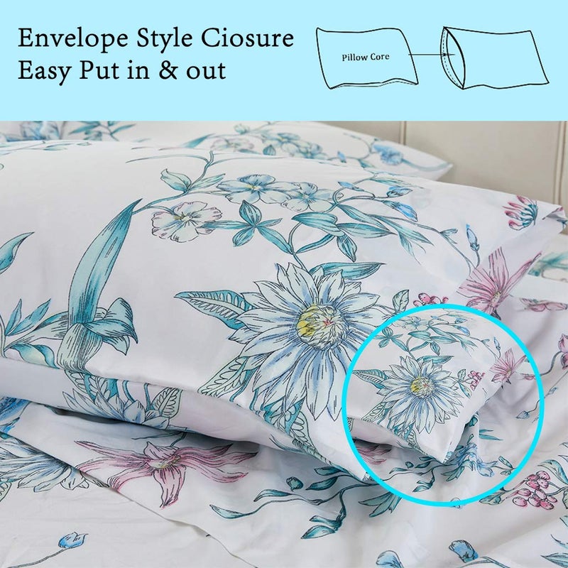 جي اس دي JSD White Blue Floral Sheet Set Cal King 4 Piece Microfiber Sheets Extra Deep - Image 5