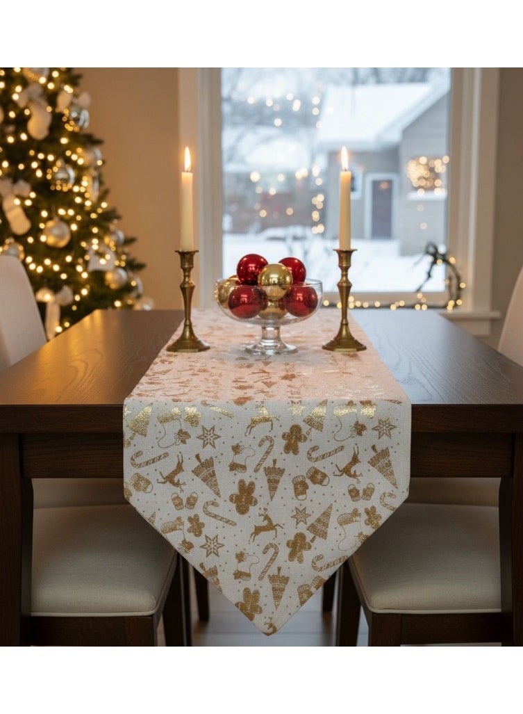 Christmas Table Runner, Christmas Accessories, Decorative Runner with Reindeer, Santa Claus, and Christmas Designs, Linen Fabric, Runner Length: 180 cm - Image 1