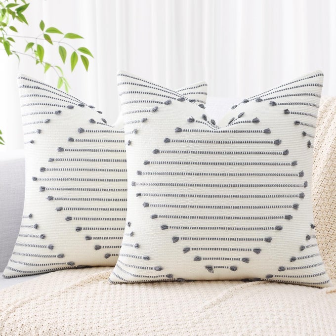BOHO OUTDOOR THROW PILLOW COVERS 20X20 SET OF 2 FARMHOUSE DECORATIVE PILLOW COVERS FOR COUCH SOFA LIVING ROOM GREY CREAM WHITE