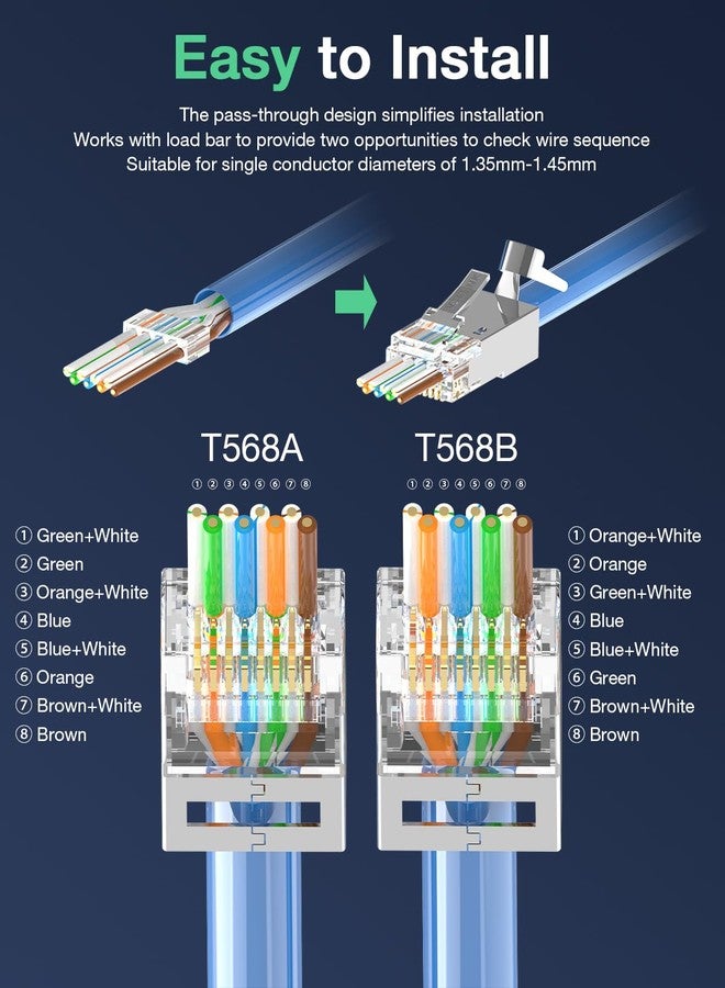 VCELINK CAT6A Connector, RJ45 Connectors Pass Through CAT6A CAT7 Shielded, UL-Listed 3-Prong Gold Plated, CAT7 Connector with Strain Relief Boots (RJ45 Connector-Transparent, Blue, 30-Pack) - Image 4