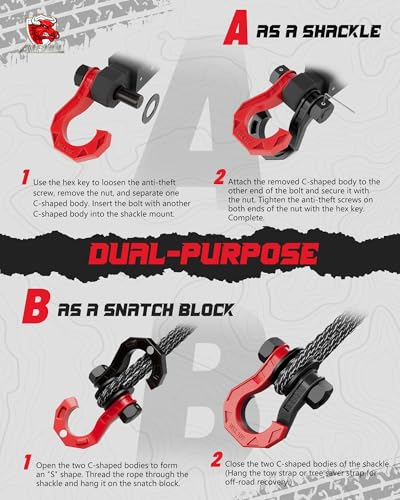 AMBULL D Ring Separate Shackle with Snatch Block, 3/4" Easy Open Shackles w/Snatch Block Pulley, Heavy Duty Shackle for Towing Winch, Pulley for Off-Road Vehicle Recovery, Truck, ATV, UTV, BlackRed - Image 5