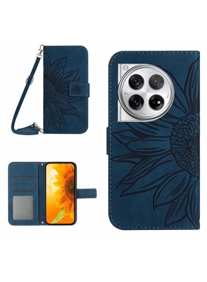 جرين تايجر جراب هاتف OnePlus 12R 5G Global Skin Feel Sun Flower Embossed Leather مع حزام (أزرق داكن)