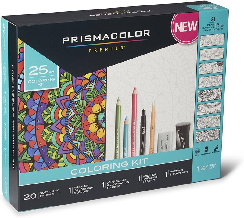 Prismacolor Premier Soft Core Pencils Adult Coloring Book Kit with Blender, Illustration Marker, Eraser, Sharpener and Coloring Booklet, 25 Pieces - Image 1