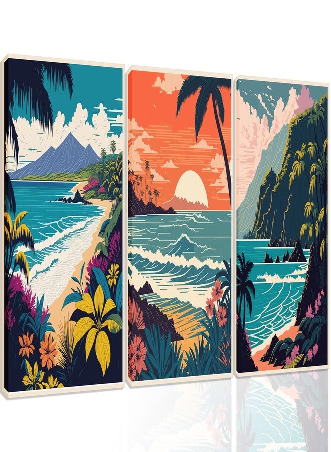EVPYXFUT 3Pcs Hawaii Travel Wall Art Retro Exotic Tropical Canvas Posters Ocean Beach Prints Waves Landscape Pictures Vintage Mountain Paintings Wall Decor For Bedroom Living Room Artwork Framed - Image 1