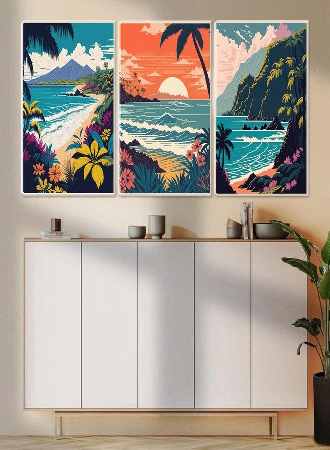 EVPYXFUT 3Pcs Hawaii Travel Wall Art Retro Exotic Tropical Canvas Posters Ocean Beach Prints Waves Landscape Pictures Vintage Mountain Paintings Wall Decor For Bedroom Living Room Artwork Framed - Image 3