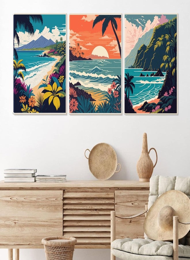 EVPYXFUT 3Pcs Hawaii Travel Wall Art Retro Exotic Tropical Canvas Posters Ocean Beach Prints Waves Landscape Pictures Vintage Mountain Paintings Wall Decor For Bedroom Living Room Artwork Framed - Image 2