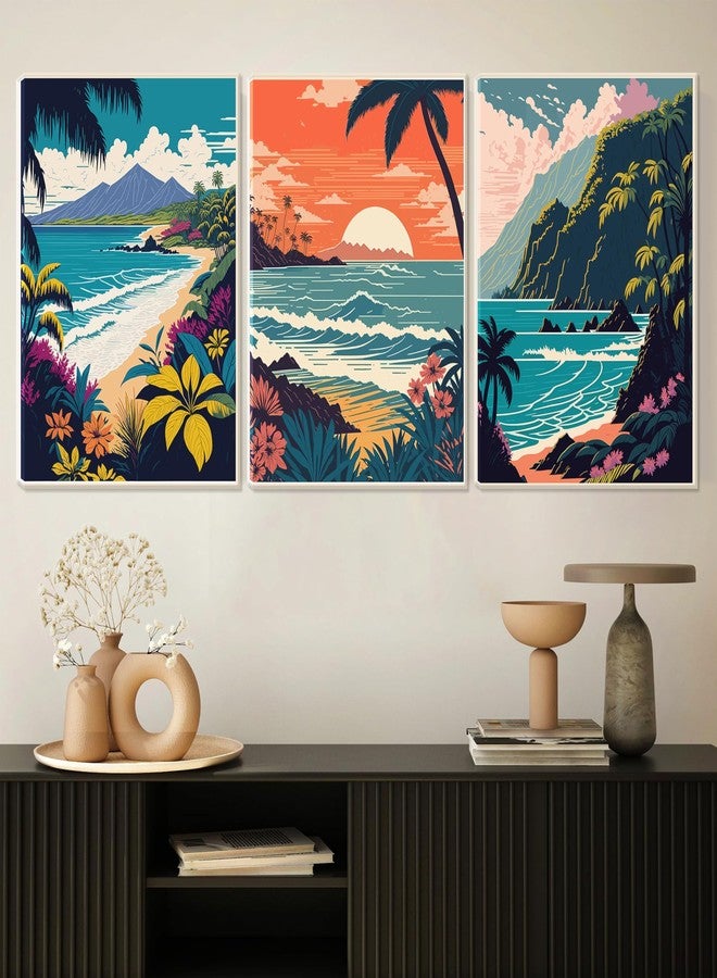 EVPYXFUT 3Pcs Hawaii Travel Wall Art Retro Exotic Tropical Canvas Posters Ocean Beach Prints Waves Landscape Pictures Vintage Mountain Paintings Wall Decor For Bedroom Living Room Artwork Framed - Image 4