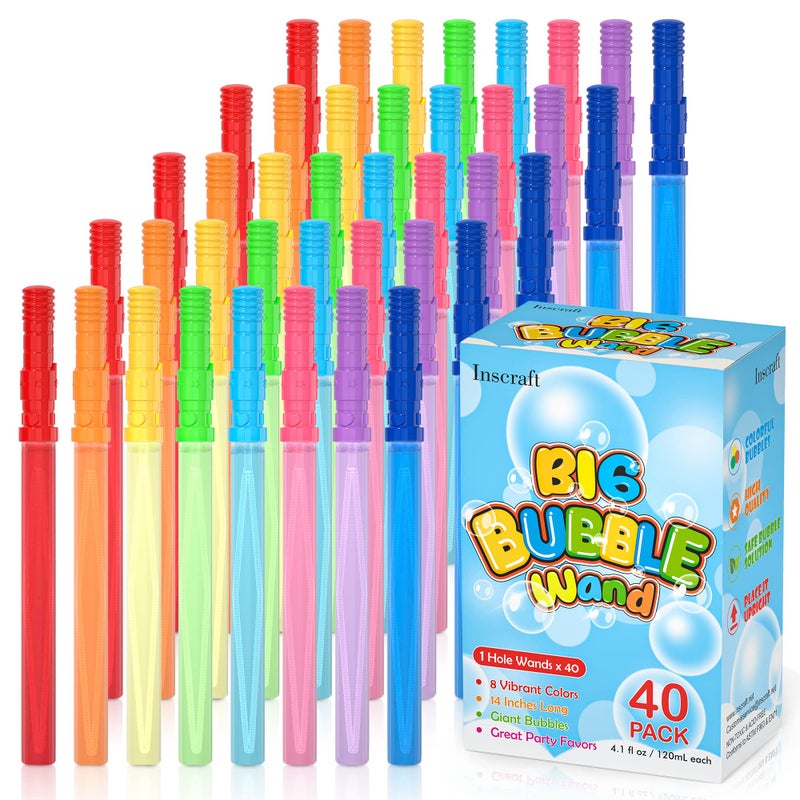 Inscraft 40 Pack 14’’ Big Bubble Wands, 8 Colors Bubbles Bulk for Summer Toy, Outdoor / Indoor Activity Use, Easter, Birthday, Graduation, Shower, Bubbles Party Favors Supplies for Kids Toddlers - Image 1