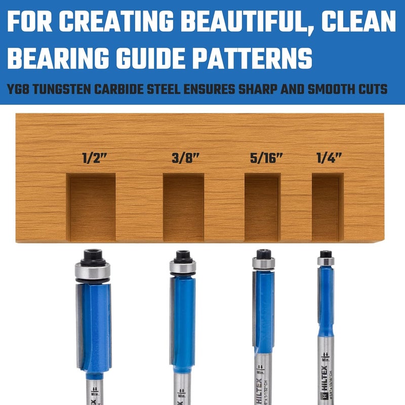 Hiltex 10102H Top Bearing Flush Trim Router Bit Set, 4 Pieces, 1/4 Inch Shank, CNC Woodworking Tool, 1/4" 5/16" 3/8" 1/12" Cutting Diameter for Copying Templates and Patterns, Overhang Trim - Image 3