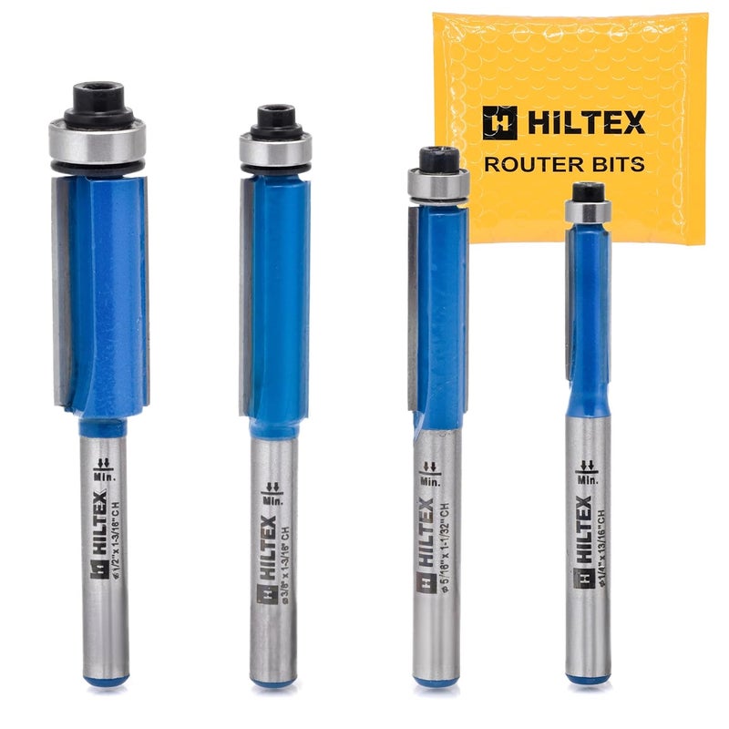 Hiltex 10102H Top Bearing Flush Trim Router Bit Set, 4 Pieces, 1/4 Inch Shank, CNC Woodworking Tool, 1/4" 5/16" 3/8" 1/12" Cutting Diameter for Copying Templates and Patterns, Overhang Trim - Image 1