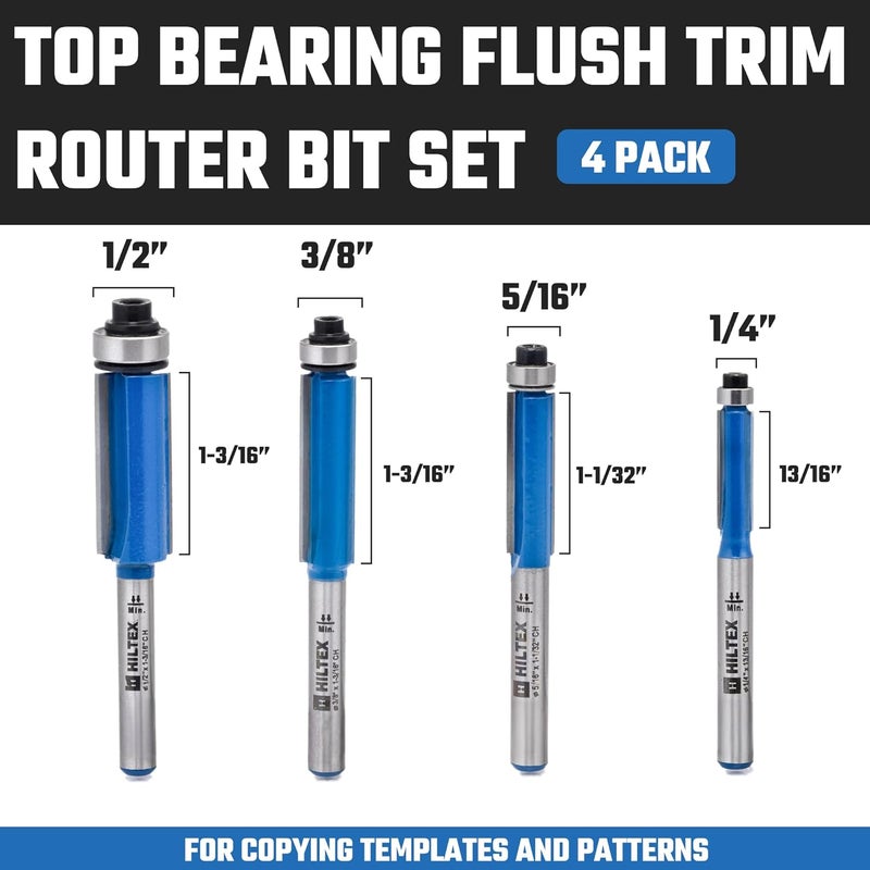 Hiltex 10102H Top Bearing Flush Trim Router Bit Set, 4 Pieces, 1/4 Inch Shank, CNC Woodworking Tool, 1/4" 5/16" 3/8" 1/12" Cutting Diameter for Copying Templates and Patterns, Overhang Trim - Image 2