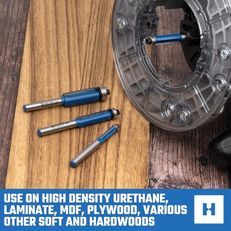 Hiltex 10102H Top Bearing Flush Trim Router Bit Set, 4 Pieces, 1/4 Inch Shank, CNC Woodworking Tool, 1/4" 5/16" 3/8" 1/12" Cutting Diameter for Copying Templates and Patterns, Overhang Trim - Image 5
