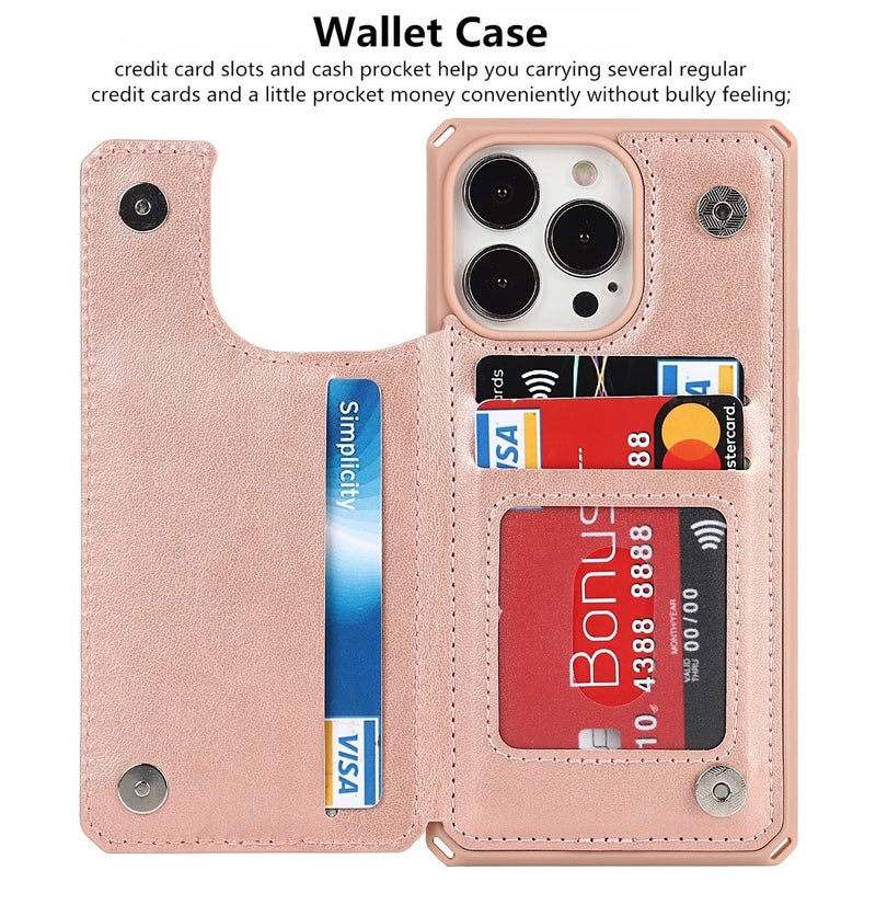 iCoverCase Compatible with iPhone 13 Pro Wallet Phone Case with Card Holder for Women, RFID Blocking Embossed PU Leather Wrist Strap Case 6.1 Inch (Heart Rose Gold) - Image 5