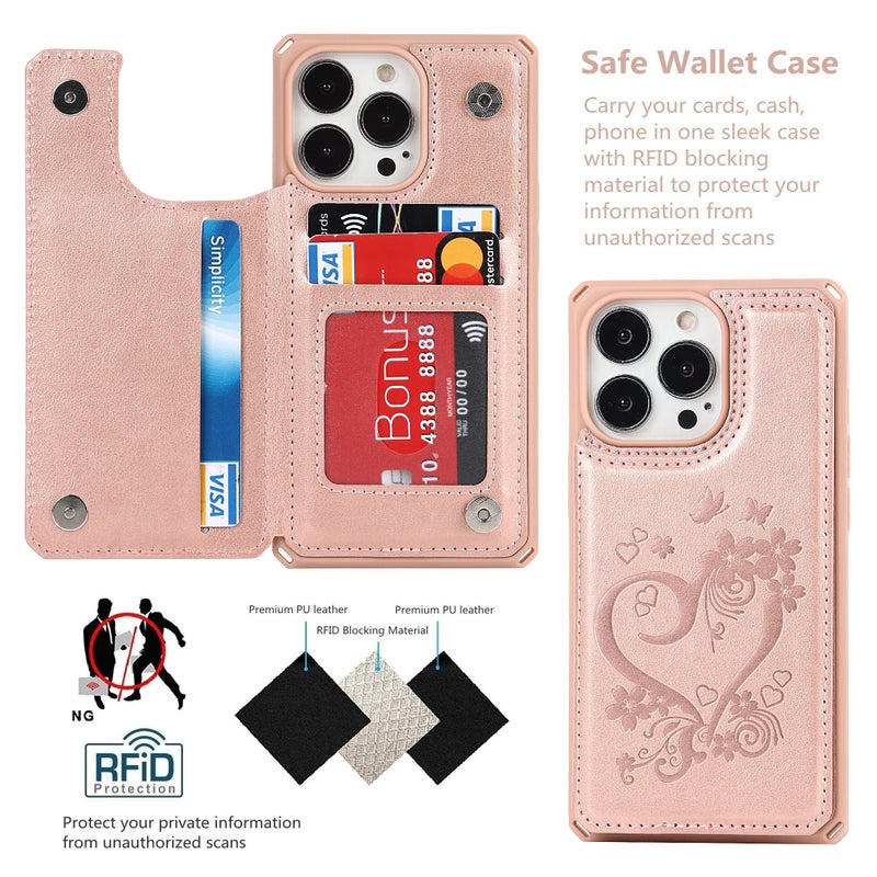 iCoverCase Compatible with iPhone 13 Pro Wallet Phone Case with Card Holder for Women, RFID Blocking Embossed PU Leather Wrist Strap Case 6.1 Inch (Heart Rose Gold) - Image 3