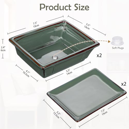 Villa Como Ceramic Bonsai Pots with Drainage Trays Set of 2, Green Glazed Bonsai Planters for Indoor/Outdoor Use, Rectangular Shallow Bonzai Tree Pot for Succulent, Orchids, Cacti, Home, Patio, Garden, 7.5"x5.5" - Image 2
