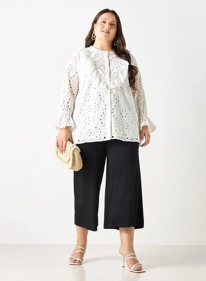 Ulla Popken Plus Size Ulla Popken All-Over Embroidered Top with Ruffles and Bell Sleeves