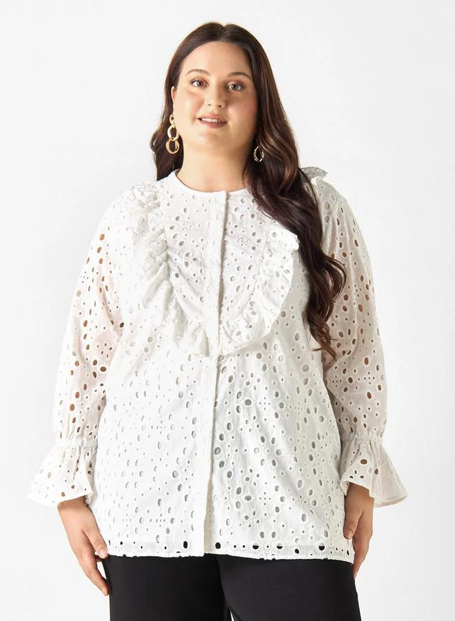 Ulla Popken Plus Size Ulla Popken All-Over Embroidered Top with Ruffles and Bell Sleeves