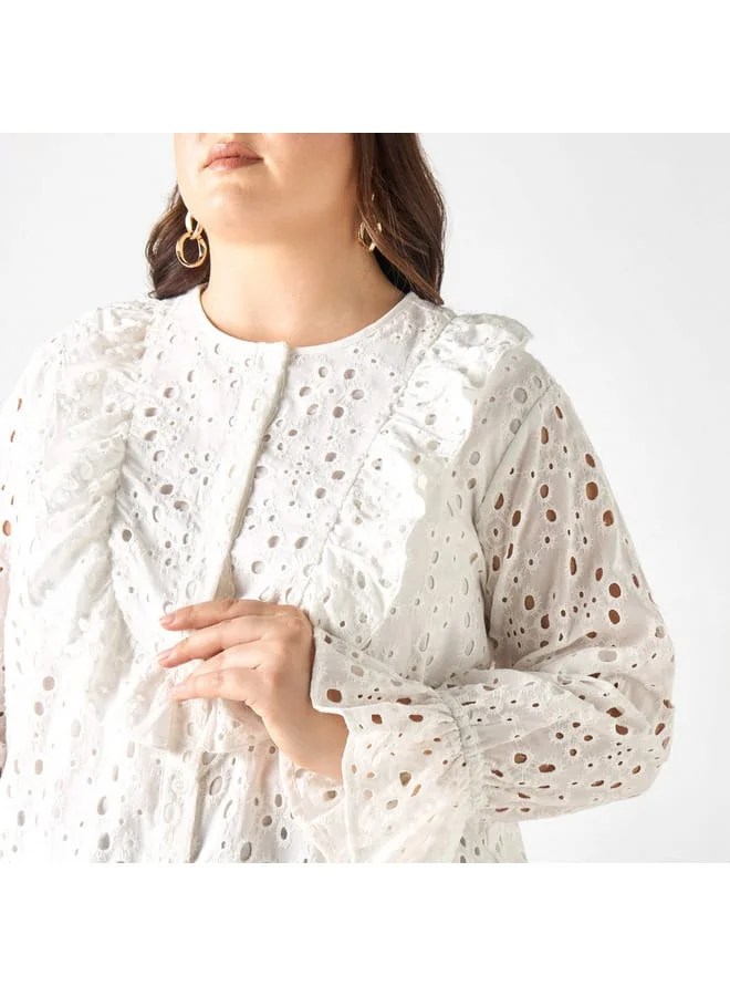 Ulla Popken Plus Size Ulla Popken All-Over Embroidered Top with Ruffles and Bell Sleeves