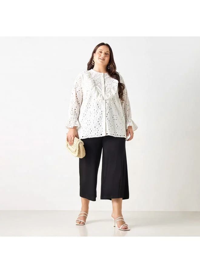 Ulla Popken Plus Size Ulla Popken All-Over Embroidered Top with Ruffles and Bell Sleeves