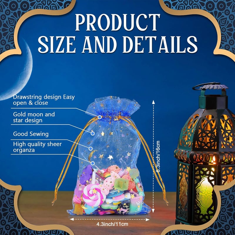 Shappy 50 Pieces Eid Mubarak Favor Moon Star Organza Bags Drawstring Sheer Mesh Latern Muslim Ramadan Tulle Jewelry Candy Gift Pouches for Party Wedding Supplies Decoration gold - Image 3