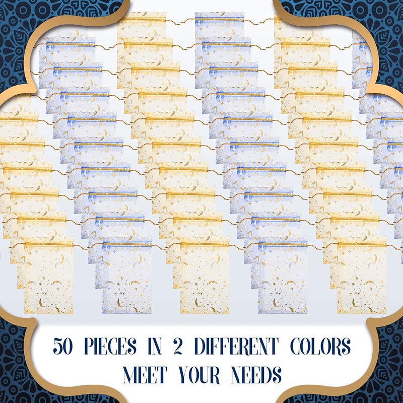 Shappy 50 Pieces Eid Mubarak Favor Moon Star Organza Bags Drawstring Sheer Mesh Latern Muslim Ramadan Tulle Jewelry Candy Gift Pouches for Party Wedding Supplies Decoration gold - Image 2