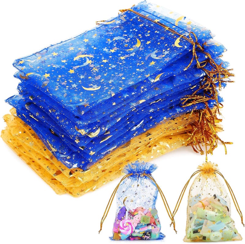 Shappy 50 Pieces Eid Mubarak Favor Moon Star Organza Bags Drawstring Sheer Mesh Latern Muslim Ramadan Tulle Jewelry Candy Gift Pouches for Party Wedding Supplies Decoration gold - Image 1