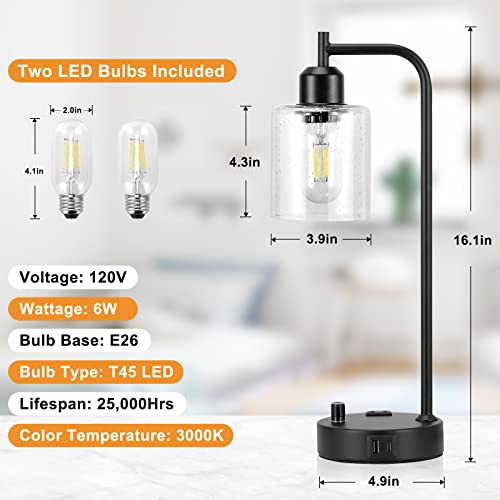 Innqoo Industrial Table Lamps for Bedrooms Set of 2 - Fully Dimmable Bedside Lamps with USB A and C Ports and Outlet, Black Nightstand Lamps with Glass Shade for Living Room, Desk Lamps for Office Reading - Image 2