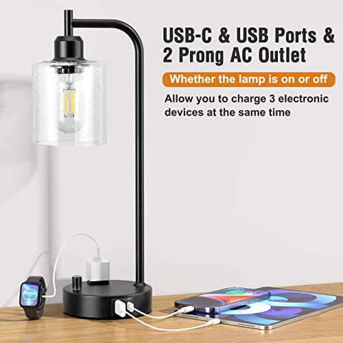 Innqoo Industrial Table Lamps for Bedrooms Set of 2 - Fully Dimmable Bedside Lamps with USB A and C Ports and Outlet, Black Nightstand Lamps with Glass Shade for Living Room, Desk Lamps for Office Reading - Image 5