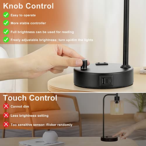 Innqoo Industrial Table Lamps for Bedrooms Set of 2 - Fully Dimmable Bedside Lamps with USB A and C Ports and Outlet, Black Nightstand Lamps with Glass Shade for Living Room, Desk Lamps for Office Reading - Image 4
