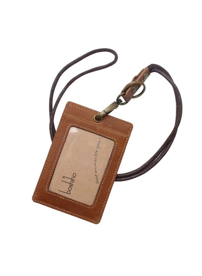 Boshiho Vertical Style Cowhide Leather ID Card Badge Holder with Heavy Duty Lanyard (Crazy Horse Leather) - Image 1