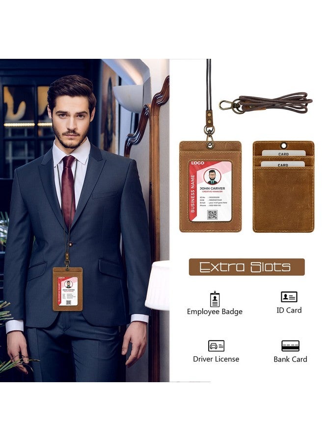 Boshiho Vertical Style Cowhide Leather ID Card Badge Holder with Heavy Duty Lanyard (Crazy Horse Leather) - Image 3