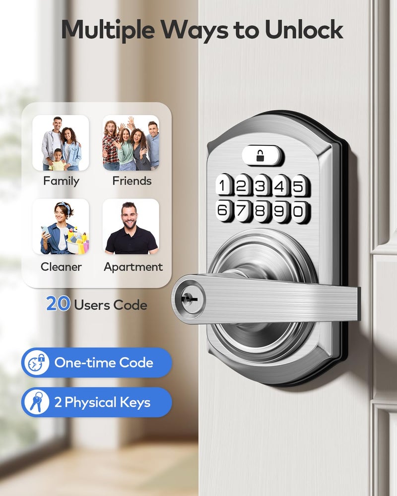 TEEHO TE004 Keyless Entry Keypad Door Lock with Handle - Smart Digital Electronic Lock for Interior Door with Anti-Peeping, Auto Lock & Passage Mode - Easy Installation - Satin Nickel - Image 2