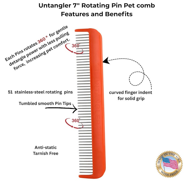 Untangler Pet comb for easy mat removal - silky smooth rotating teeth untangles without causing pain to pets (7", Orange Coral) - Image 4