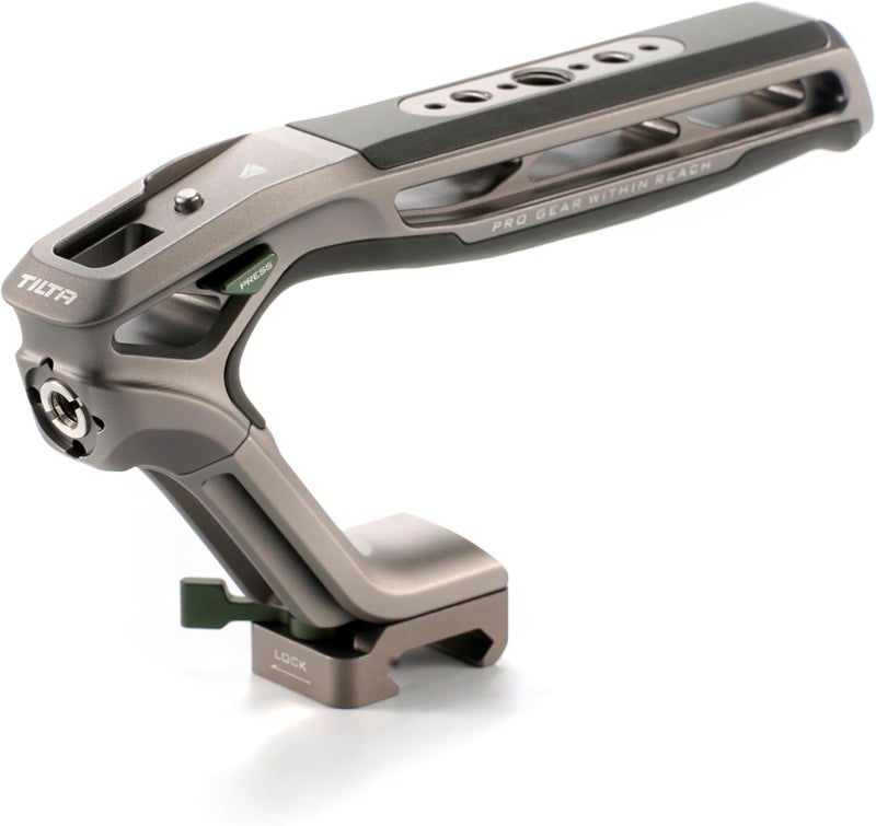 Tilta Xeno Top Handle for Filmmakers & Cameras - Titanium Gray | Aluminum Alloy and Silicone Build | 1/4″-20 and 3/8″-16 Threads w/Locating Points | Safety Release Pin | Comfortable Handling (NATO) - Image 1