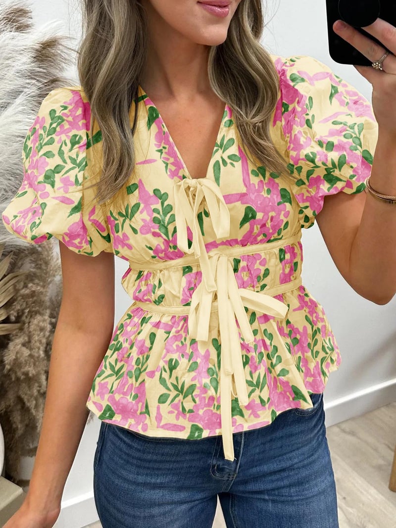 Cicy Bell Womens Puff Sleeve Tie Front Tops Summer Babydoll Peplum V Neck Blouse Casual Dressy Pleated Floral Print Shirts - Image 2