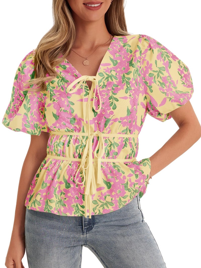 Cicy Bell Womens Puff Sleeve Tie Front Tops Summer Babydoll Peplum V Neck Blouse Casual Dressy Pleated Floral Print Shirts - Image 1