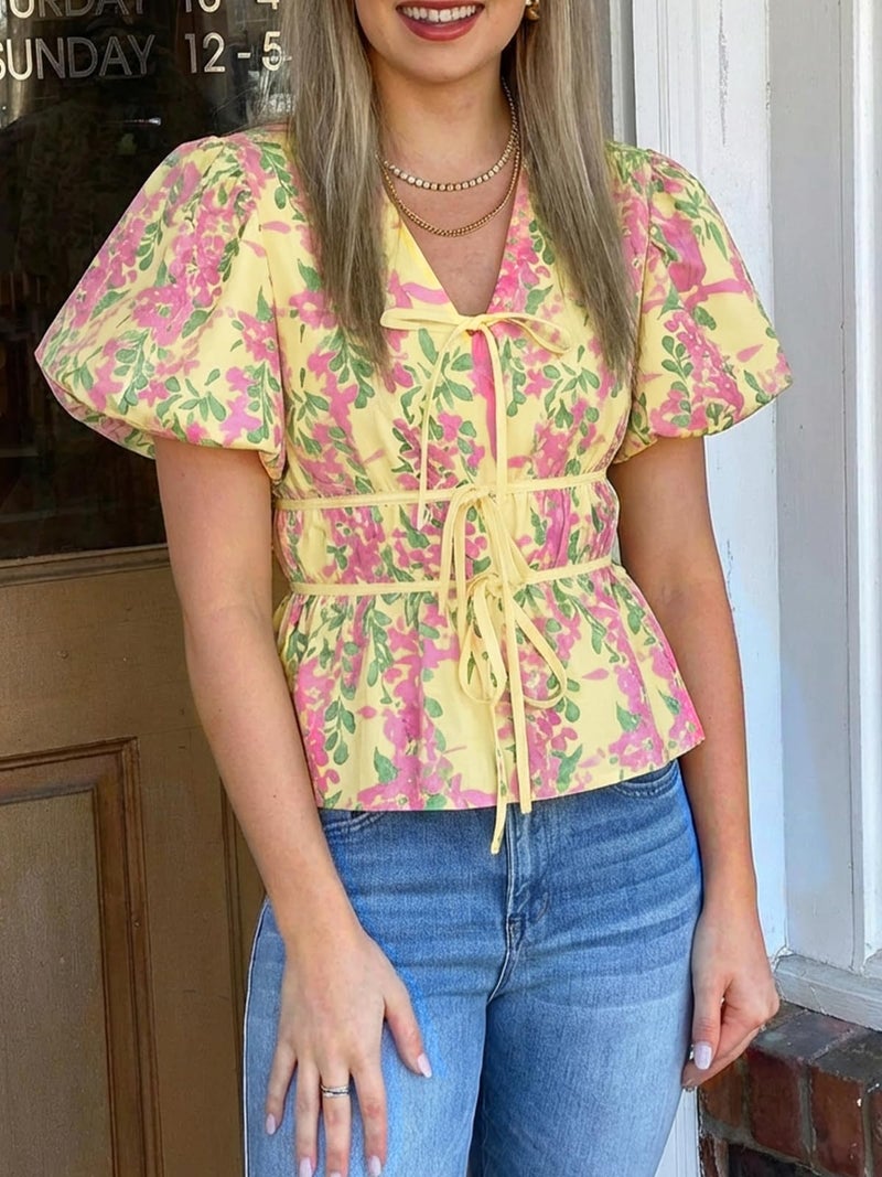 Cicy Bell Womens Puff Sleeve Tie Front Tops Summer Babydoll Peplum V Neck Blouse Casual Dressy Pleated Floral Print Shirts - Image 3