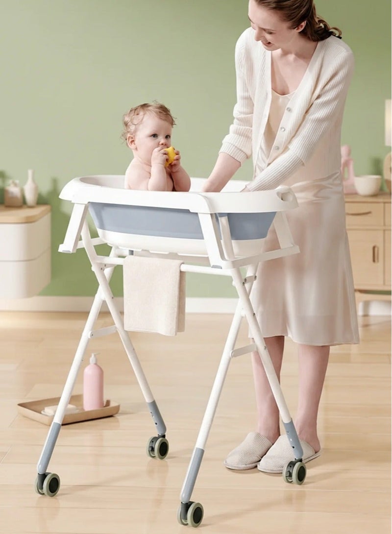 WALALLA Foldable Baby Bathtub with Stand and Wheels, 3-Level Adjustable Height Infant Bath Tub, Removable Baby Bath Basin with Drain Hose, Collapsible Raised Baby Shower Tub for Newborns, Toddlers and Kids 0-6 Years - Image 1