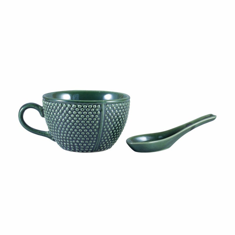 Caffeine Ceramic Handmade Green Bubble Single Handled Soup Bowl with Spoon (Set of 1)